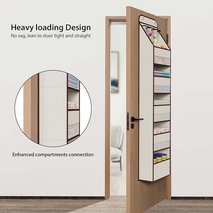 Univivi Fabric Over Door Hanging Organizer for Baby Nursery, Beige, 6-Shelf | Door Storage with Large Capacity Breathable Mesh Pockets, Over the Door Organizer for Baby Essential, Bedroom and Dorm