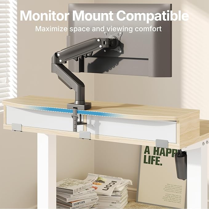 HUANUO 32" X 21" Electric Standing Desk with 2 Drawers, C-Clamp Mount Compatible, Height Adjustable Computer Desk, Home Office Stand Up Desk with 4 Preset Heights & 2 Hooks, Light Walnut