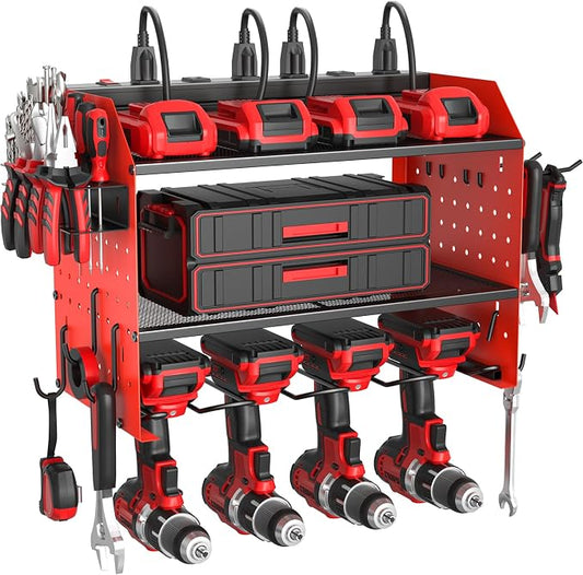 Power Tool Organizer Wall Mount 3 Layer Charging Station with 6 Outlets | Heavy Duty Tool Holder Storage Shelf Rack for Garage, Workbench and Workshop, Black, 4 Drill Holders and Drill Bit Rack, Red