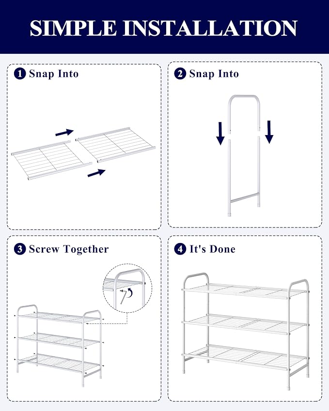 Kitsure Stainless Steel Shoe Rack Organizer, 25.6" Wide - 3 Tier, White | Sturdy Shoe Rack for Closet and Entryway, Free Standing Shoe Shelf, Closet Organizers and Storage
