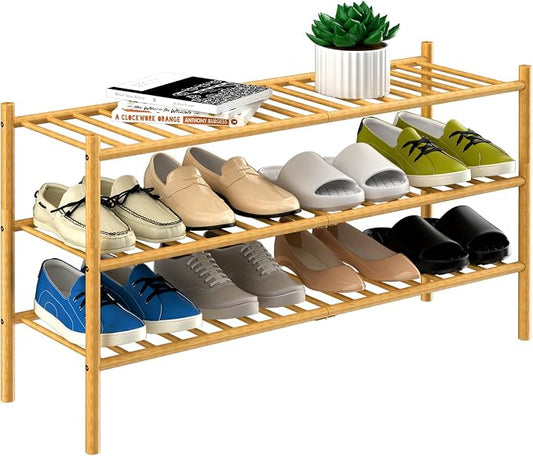 ROMGUAR CRAFT 3-Tier Bamboo Long Shoe Rack, Free Standing Wood Shoe Shelf Storage Organizer for Closet Entryway Stackable 35"x11"x20" (Natural)