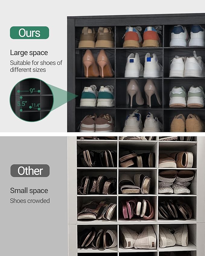 Hzuaneri Shoe Storage Cabinet, 36 Pairs Free Standing Closet Organizer, 9 inch Widened Cell Wood Shoe Organizer, 12 Tiers Vertical Space Saving Shoe Rack for Entryway, Cloakroom, Black SR20704X