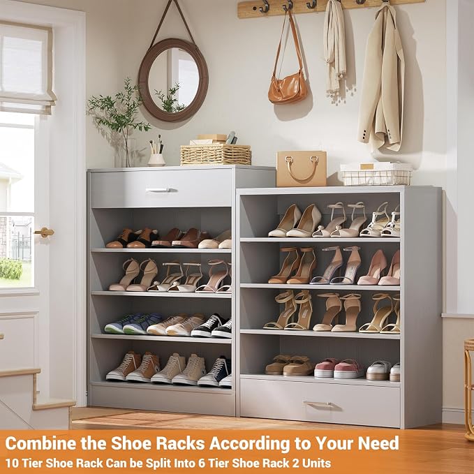 Aheaplus Tall Shoe Cabinet, 10 Tiers Wood Shoe Rack, Vertical Shoe Storage Organizer with 2 Drawers, Narrow Shoe Shelf Tower for 24-28 Pairs, Space Saving, for Closet, Entryway, Bedroom, Grey