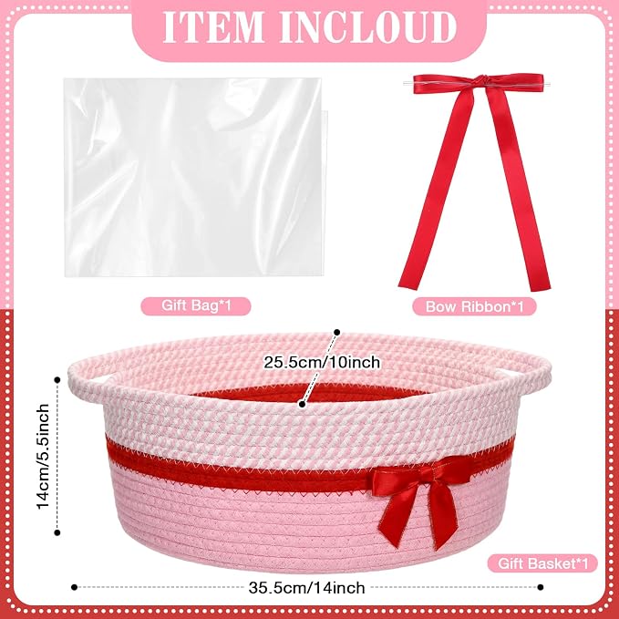 Colingmill 1 Set Woven Empty Basket for Gift,Pink Red | with Cellophane Wrap Set, 14 x 10 x 5.5 Inch, Medium Decorative Gift Basket, Cotton Rope Storage Box, Home Decor