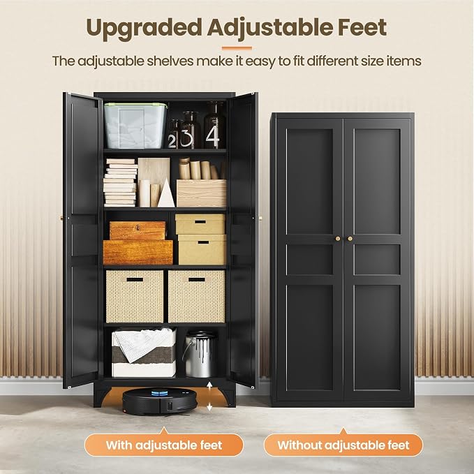 Yizosh Metal Storage Cabinet with 2 Doors and 4 Adjustable Shelves - 71" Black Kitchen Pantry Storage Cabinet,4-Tier Tall Steel Cabinet Locker for Living Room,Dining Room,Kitchen