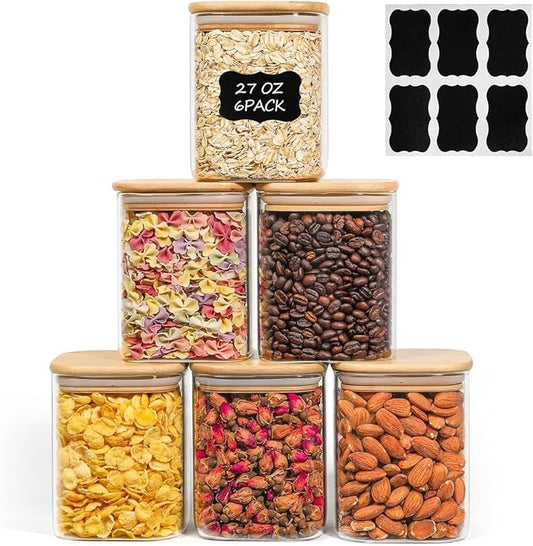 ComSaf Glass Jars with Bamboo Lids 0.8 Qt, Set Of 6 Pantry Galss Jars | Glass Storage Containers with Lid, Pantry Organizer and Storage, Lid with Silicone Seal, Pasta, Spice, Coffee, 27oz, BPA Free