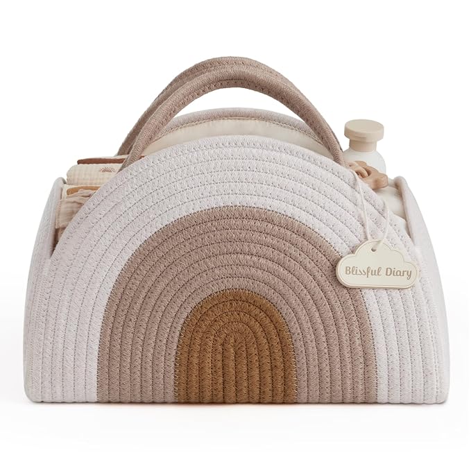 Blissful Diary Baby Diaper Caddy Organizer, Cotton Rope Diaper Caddy Basket, Large Storage Basket for Newborn Boys and Girls, Gift for Baby Shower List, Newborn Essentials, Earthy Rainbow