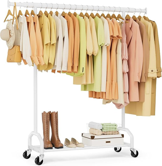 Heavy Duty Rolling Clothing Rack, 450 lbs Capacity Metal Clothes Rack with Wheels, 65" Tall Freestanding Hanging Rack for Bedroom, Laundry Room, Retail Display, White