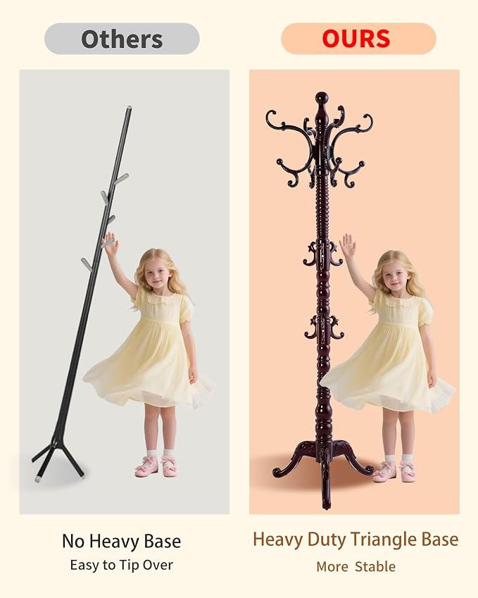 Wooden Coat Rack Freestanding, Solid Wood Coat Rack Stand with 14 Hooks, Vintage Heavy Duty Coat Racks,Standing Coat Jacket Hanger Tree Stand for Corner, Office, Entryway