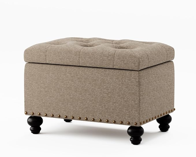 Zihanhome Small Ottoman with Storage, Upholstered Button Tufted Ottoman Foot Rest, Foot Stools, 24" Rectangle Bench with Storage for Living Room, Bedroom, Dorms and Apartments (Brown)