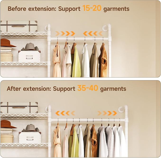 H2 Wall Mounted Clothing Rack, Expandable Industrial Pipe Clothes Rack Garment Racks for Hanging Clothes, Heavy Duty Closet Organizers and Storage in Closet System, White