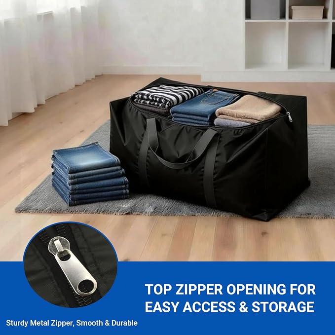 Extra Large Moving Bags, 4 Pack Black Oversized Storage Totes with Strong Zipper & Reinforced Full Loop Handles, Collapsible Storage Bags for Space Saving, for King/Queen Comforter, Blankets & Clothes