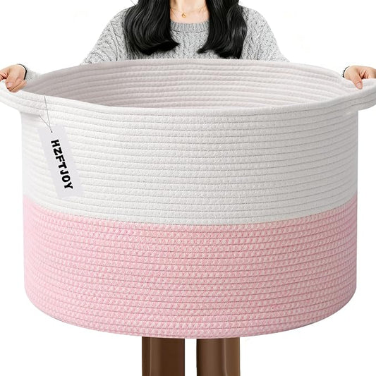 65L Large Pink Woven Cotton Rope Basket with Handles | Kids Nursery Laundry Basket Hamper for Toys, Blankets, Pillows & Comforters, Cute Storage Bin for Bedroom & Playroom