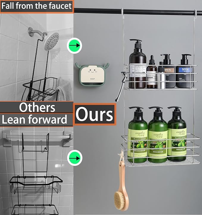 2-Tier Shower Caddy Hanging Shower Organizer Rack with Hooks Over The Door