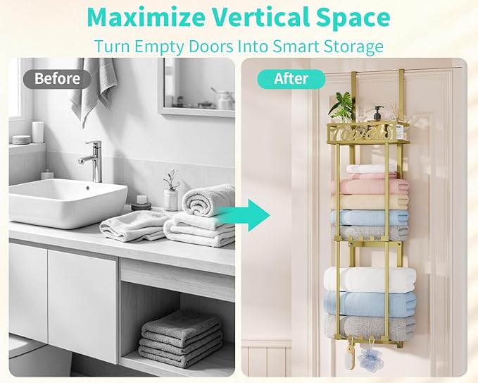 HapiRm Towel Rack Bathroom Storage - 3 Tier Over The Door & Wall Mounted Rolled Towel Racks Holder Organizer with Metal Shelf and 6 Hooks for Small Bathroom, Camper, Rv - Gold