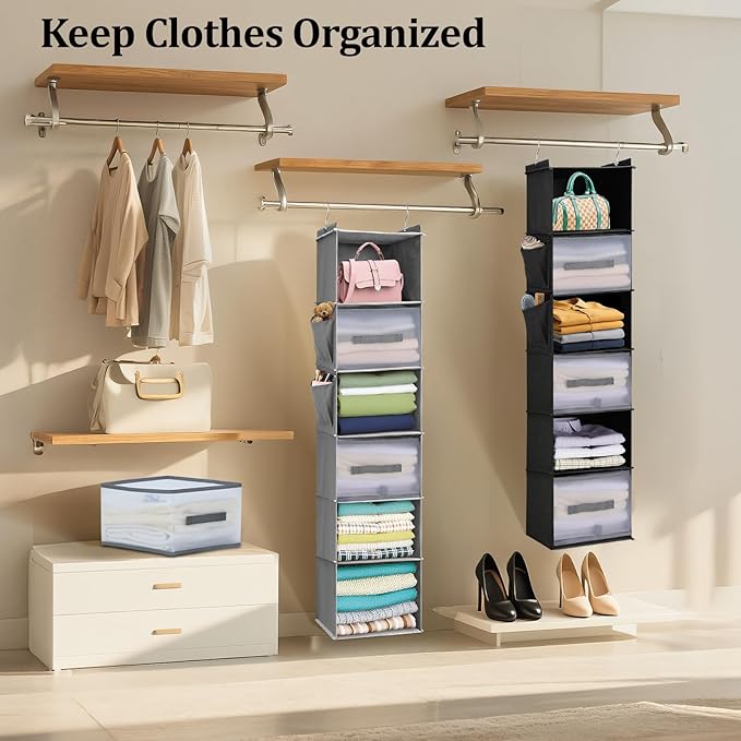 6-Shelf Hanging Closet Organizer with 3 Drawers & Side Pockets, Gray | Non-woven fabric, tool-free setup, ideal for bedrooms/dorms/RVs, 3 foldable transparent drawers for easy access