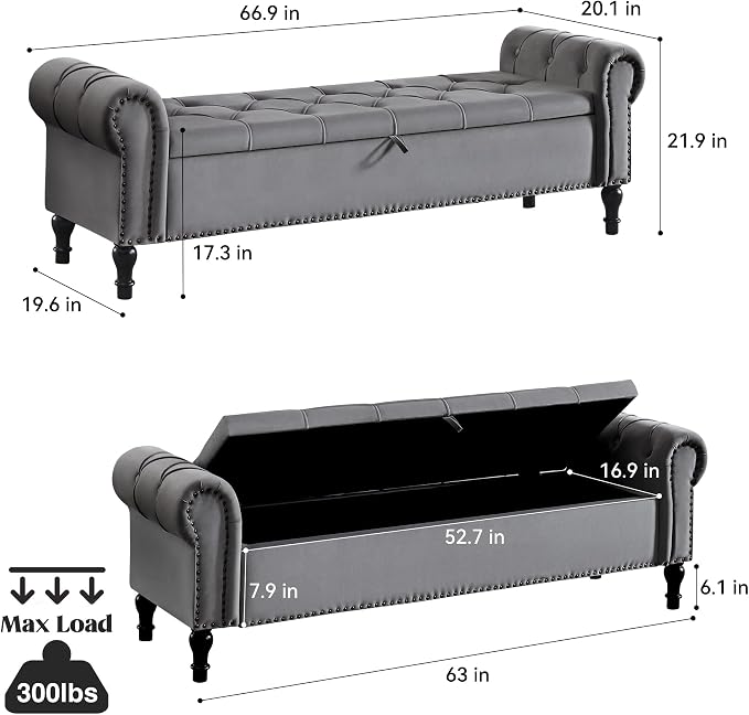 Velvet Storage Bench 67 Inch Upholstered Tufted Ottoman Bench with Rolled Arms Large Storage Space King Size End of Bed Bench for Bedroom Living Room Entryway Grey