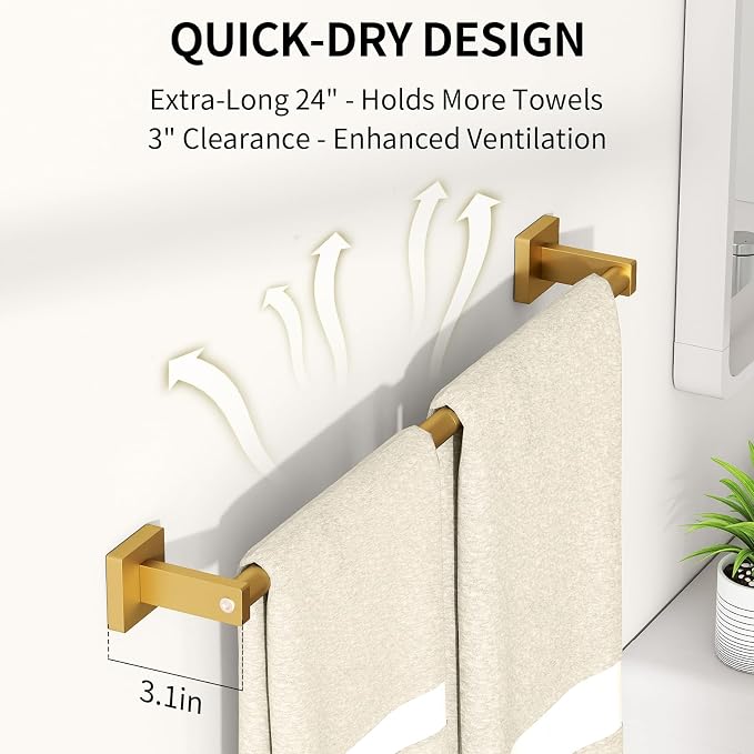 MKO Towel Bar for Bathroom, 24" 2 Pack Wall Mounted Towel Rack, Gold | Hand Towel Holder Rod with Heavy-Duty Metal for Bathroom Kitchen Hanger, 2 Pack Value