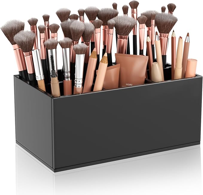 Black Makeup Brush Holder Organizer Acrylic 6-Slots Cosmetic Brushes Storage Organizer for Vanity Countertop