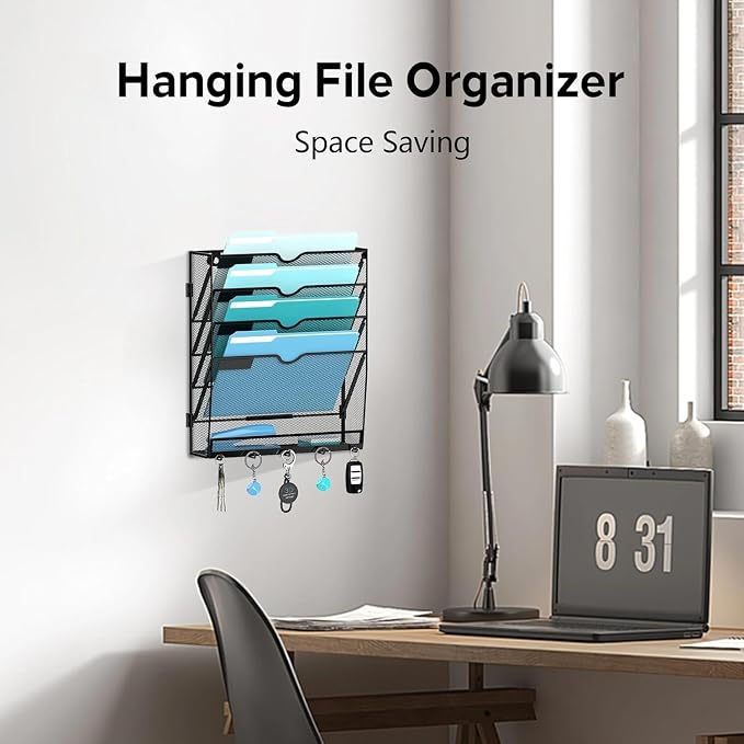 2 Pack 5 Tier Wall File Organizer - Hanging File Organizer with 5 Hooks, Mail Holder Wall Mounted for Papers, Folders, Magazines, Bills, Office&School Organization, Black