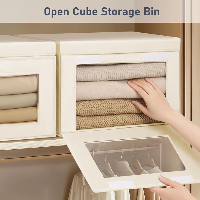 DIMJ Storage Bins with Lids - 4 Pack Large Fabric Closet Organizer with Window & Handles, Collapsible Decorative Storage Boxes for Shelves Under Bed, Books Clothes Blankets Sweaters Organization
