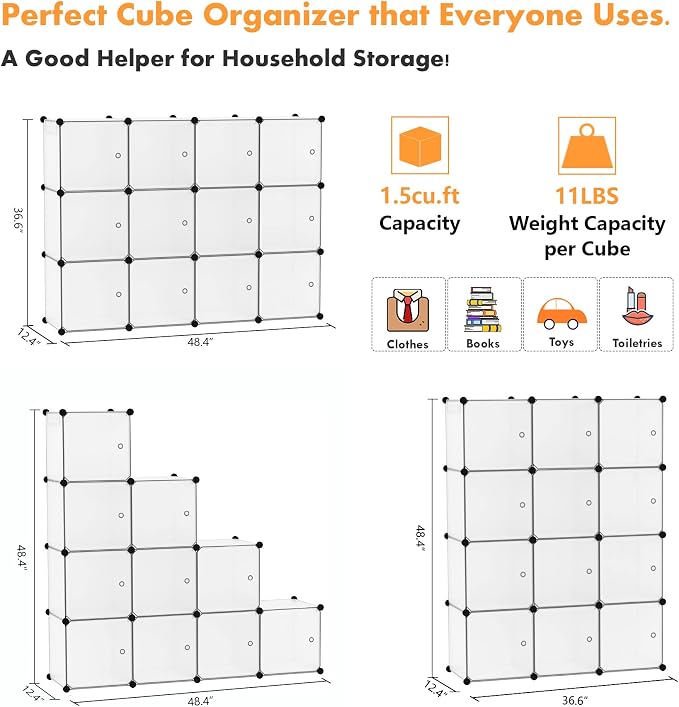 C&AHOME 12-Cube Storage Organizer with Door Cube Shelf Closet Cabinet White | DIY Plastic Modular Bookshelf, Stackable Clothes Storage Shelving Ideal for Home, Bedroom, 36.6”L x 12.4”W x 48.4”H