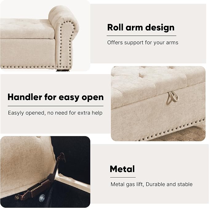 51" Storage Bench for Bedroom, Chenille End of Bed Bench, Queen Size Bench with Rolled Arms, Tufted Storage Ottoman Benches, Upholstered Bench for Bedroom, Living Room, Entryway, Camel