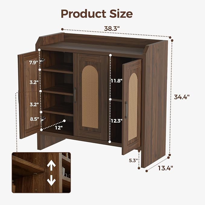 Rattan Shoe Storage Cabinet, Farmhouse Shoe Cabinets Storage for Entryway, Boho Wooden Shoe Rack with 3 Doors for Entryway, Hallway (Walnut, 3 Door)