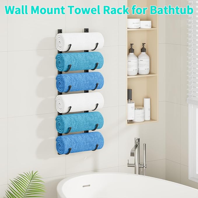 HapiRm Rolled Towel Racks for Bathroom - 6-Tier Over The Door & Wall Mounted Bathroom Towel Storage, Hanging Metal Organizer for Towels & Bath Sheets, Space Saving Rack for Bathroom, Camper, RV, Black