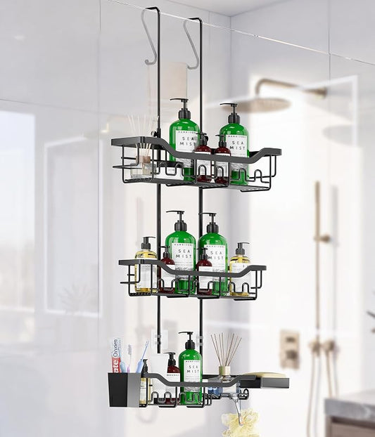 Shower Caddy Hanging Over the Door, Upgraded Extended Length Shower Organizer, 3 Tier Rustproof Bathroom Rack with Hooks Soap Holder