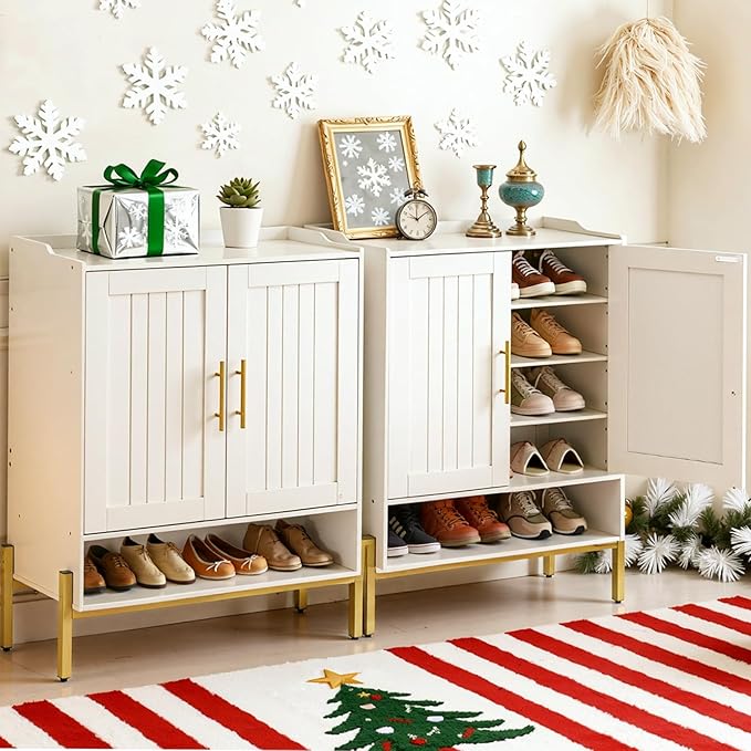 HOOBRO Shoe Cabinet, 5-Tier Shoe Storage Organizer with Doors, Wooden Shoe Cabinet Storage for Entryway, Freestanding Shoe Rack Cabinet with 3 Adjustable Shelves for Hallway, Gold and White DW41SC01