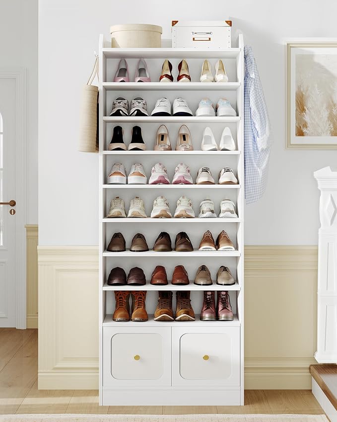 Hzuaneri Shoe Storage Cabinet, 10 Tiers Shoe Cabinet with 2 Cloth Drawers, Wooden Freestanding Shoes Organizer with 2 Hooks, 30-35 Pairs, Shoes Cubby Organizer for Entryway, White SR56303MI | Wooden Freestanding Shoes Cabinet with 2 Hooks, 30-35 Pairs,...