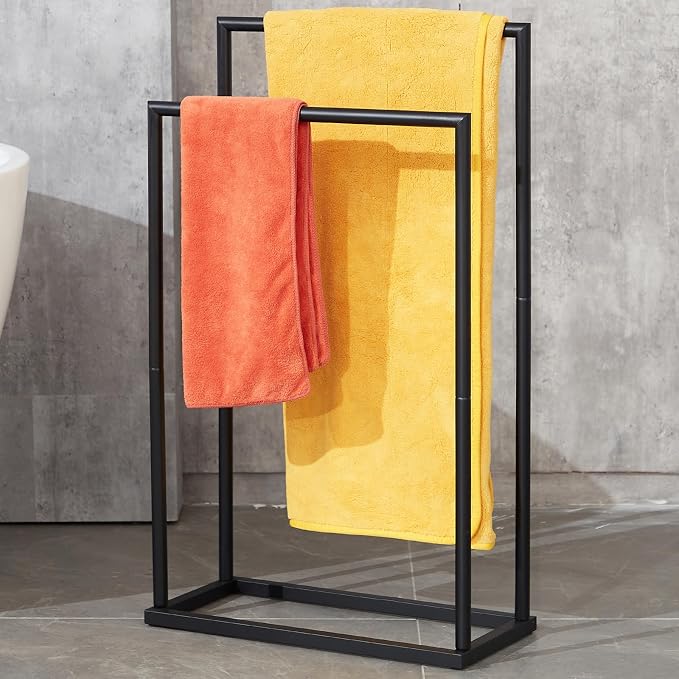 Free Standing Towel Rack, 2 Tier Towel Racks for Bathroom, Modern Outdoor Towel Drying Rack for Poolside, Black, DECLUTTR