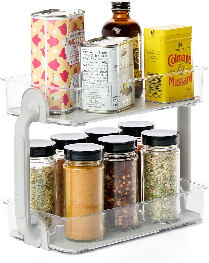 madesmart Two Level Spice Organizer, Grey | tiered layout, label visibility, soft grip lining, cabinet pantry use, seasoning bottles, woman owned