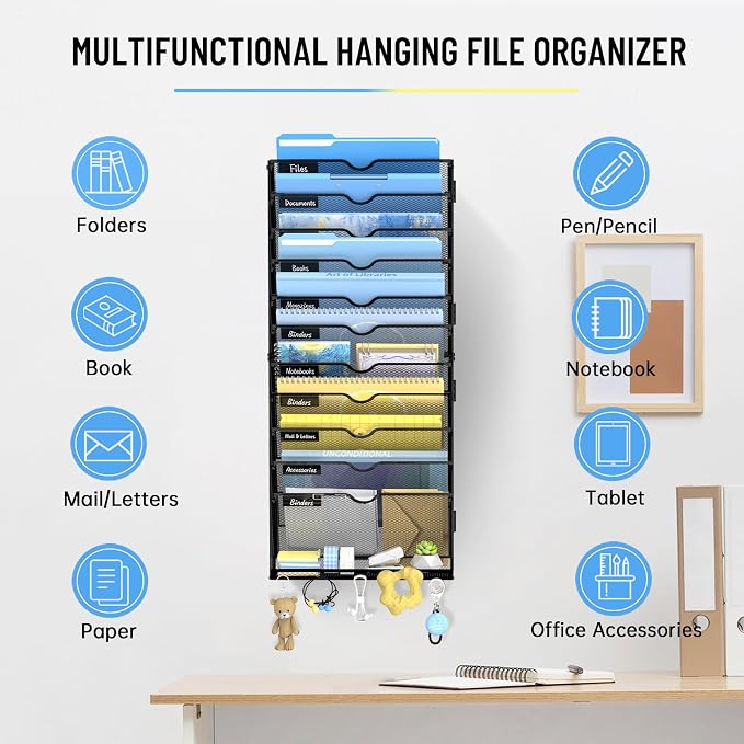 12-Tier Wall File Organizer with Hooks, Hanging File Organizer | Metal Mesh Mail Organizer, Wall Mounted File Organizer for Home, Classroom, Office Organization