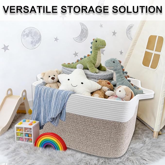 65L Collapsible Woven Rope Laundry Basket with Handles-White/Brown | 21x16x12 Foldable Rectangular Blanket Basket for Toys, Clothes & Pillows,Ideal for Nursery, Bathroom, Bedroom, Living Room