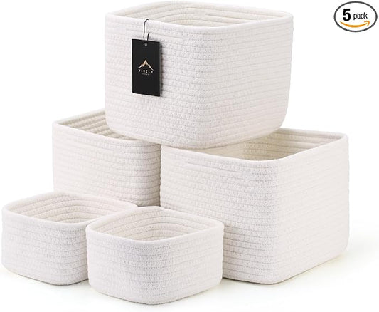5-Pack Storage Cubes Woven Rope Baskets, 2 Sizes Organizer Bins | Ideal for Closet, Shelf, Bookshelf, Nursery, Changing Table, Cube Storage Bins, Storage Baskets for Bathroom Toy & Home