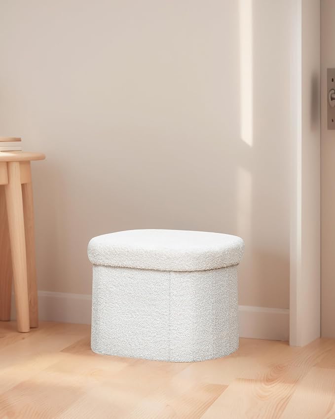 B FSOBEIIALEO Storage Ottoman for Dorm Room, Boucle Folding Storage Ottoman Foot Rest, 16.14 Inches Small Collapsible Ottoman Cube for Living Room White Cream