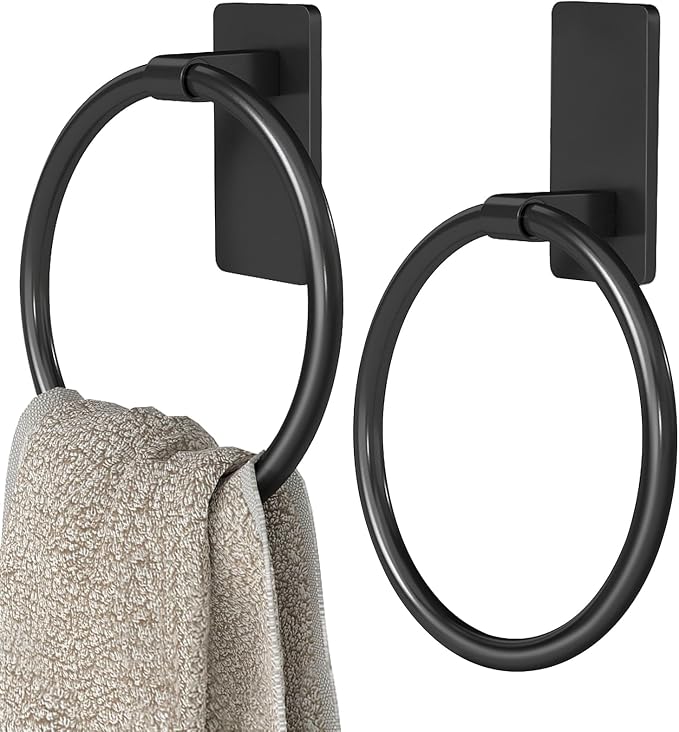 STWWO Black Hand Towel Holder for Bathroom, Adhesive Towel Rings, 2 Pack | Self Adhesive Round Towel Holder for Bath RV Kitchen, No Drill Hole