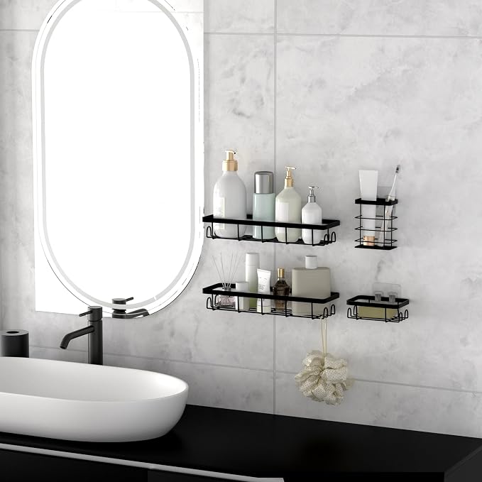 Shower Caddy Organizer with Hooks,Self Adhesive Bathroom Shelves,No Drilling Bathroom Organizers and Storage,Perfect for RV, Apartment, Home Decor,Black 4PCS