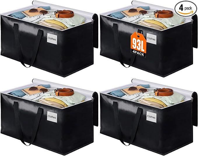 Heavy Duty Moving Bags, Extra Large Storage Bags, 93L, 4-Pack, Black | Foldable, with Zippers, Tag Pocket & Handles, Reusable, Space-saving, Water-Resistant, for moving & storage, Versatile Use
