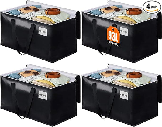 Heavy Duty Moving Bags, Extra Large Storage Bags, 93L, 4-Pack, Black | Foldable, with Zippers, Tag Pocket & Handles, Reusable, Space-saving, Water-Resistant, for moving & storage, Versatile Use