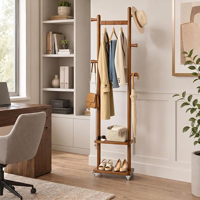 Taitiy Solid Wood Coat Rack Small Freestanding with Wheels 2 Shelves | Small spaces, solid rubberwood construction, 2 shelves and 5 hooks, ideal for bedrooms, entryways, apartments and homes