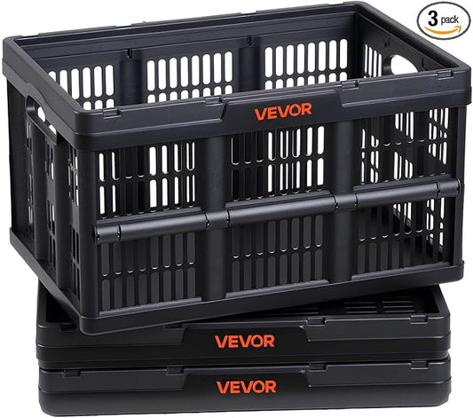 VEVOR Plastic Collapsible Storage Bins, 45L 3 Packs, Stackable Folding Storage Crates with Handles, Holds 33 lbs Per Bin, Foldable Heavy Duty Containers, Space-Saving Baskets, for Home Organizing