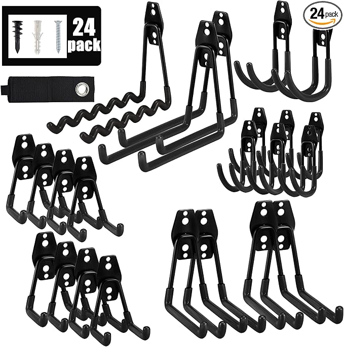 AOBEN 24PCS Garage Hooks, Heavy Duty Double Garage Hanger Organizer Wall Mount Iron Anti-Slip Garage Storage Hooks for Ladder, Power Tool,Bike,Ropes（23 Hooks & 1 hoder Strap-Black