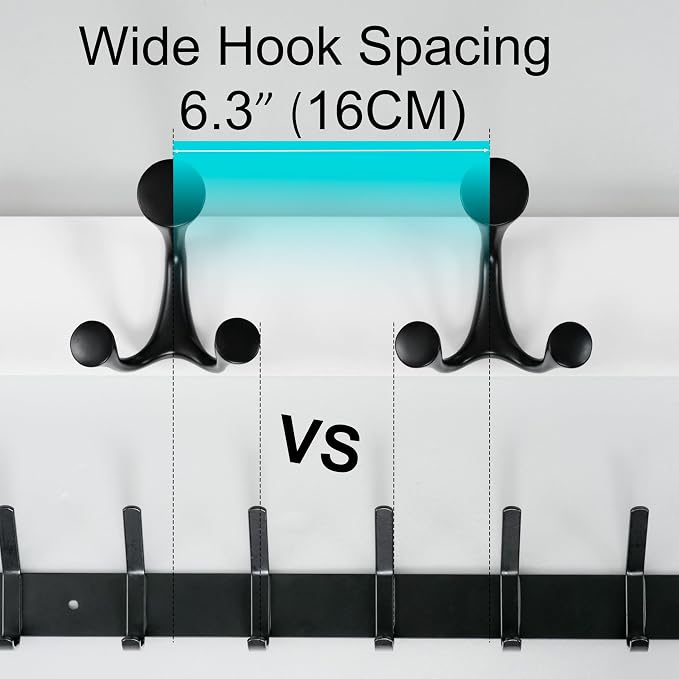 WEBI Coat Rack Wall Mount,24" Solid Wood Coat Hooks Wall Mounted Coat Hanger,16" Hole to Hole,Heavy Duty Hook Rack Rail,4 Triple Hooks for Hanging Coats,Jacket,Clothes,Hat,Backpack,White,2 Packs