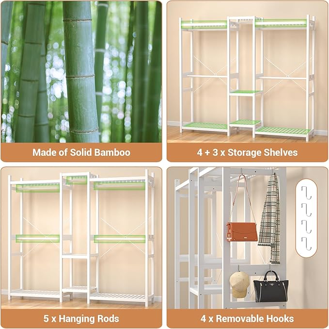 Bamboo Closet System Clothes Rack, Large Freestanding Garment Rack Clothing Rack for Hanging Clothes with 7 Storage Shelves and 5 Rods, Open Wardrobe Organizer with 4 Hooks, White