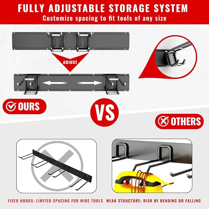 Garage Tool Organizer Wall Mount, Easy to 48inch Install Heavy-Duty Garage Storage System with 6 Adjustable Utility Hooks, Garden Tool Rack for Shovels, Rakes, Yard Tools