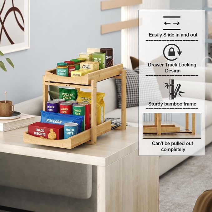 MHXW SXPN Bamboo Under Sink Organizer, 2 Pack Pull Out Cabinet Organizer | 2 Tier Vertical Smooth Slide Out Undersink Storage Shelf | Multi-Purpose Organizer Shelves for Kitchen Bathroom Medicine