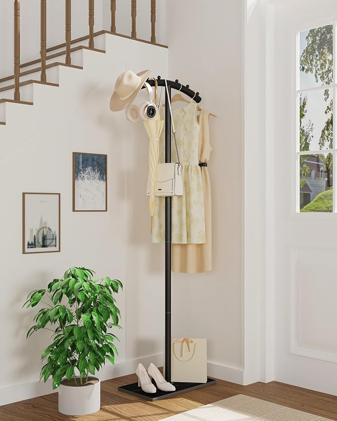 T-Shaped Metal Clothing Racks,Freestanding Coat Tree,68.9in,Black | Coat Racks with Strong Load-Bearing Capacity, Clothes Hanger Stand with Natural Rock Base, Suitable for Outerwear,Handbags